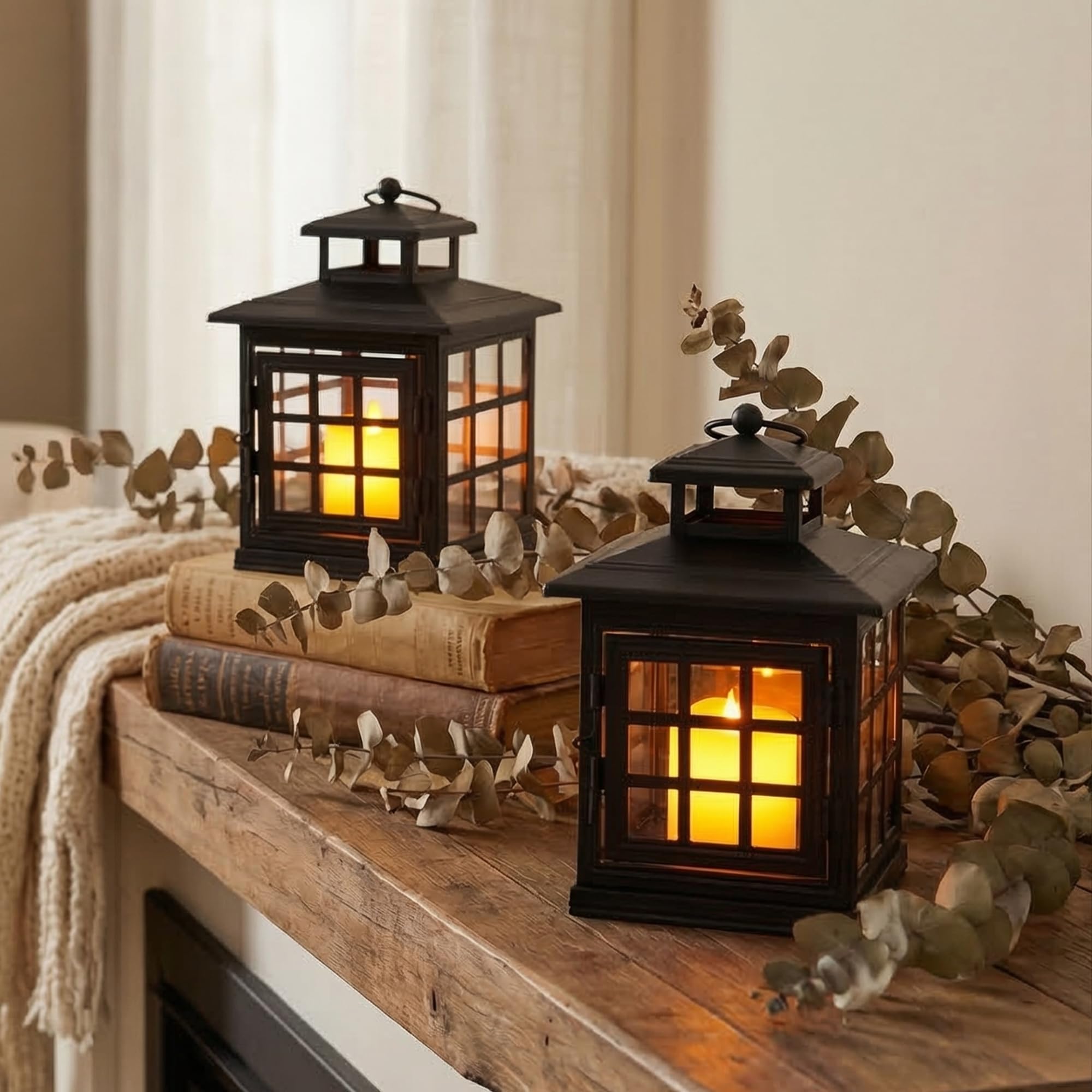 Trirocks Black1 Set Of 2 Decorative Candle Lantern Metal Candle Holder Hanging Lantern Perfect For Home Decor Halloween Living Room Parties Events Tabletop Indoors Outdoors (Black)