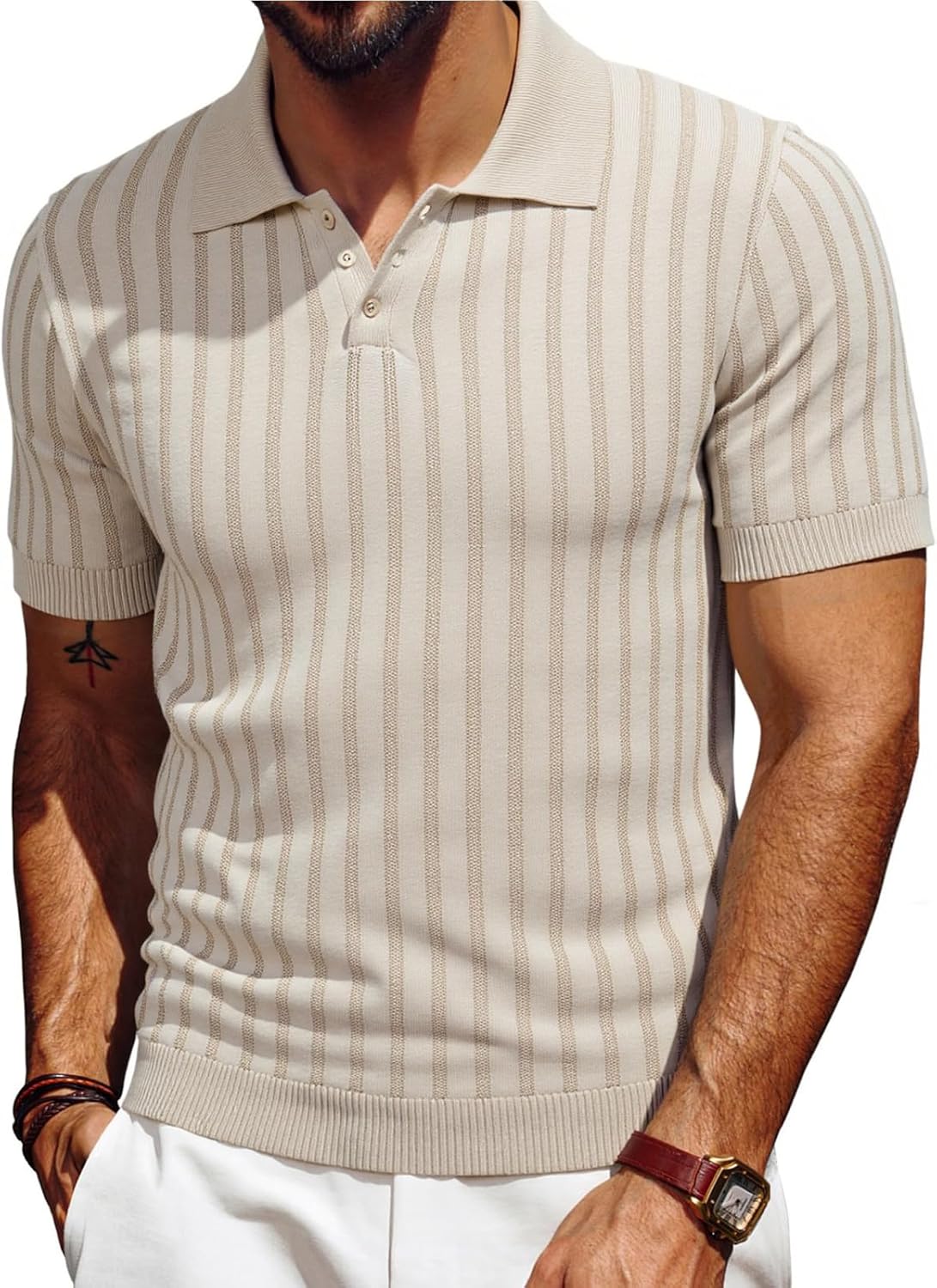 Les umes Mens Short Sleeve Polo Shirts Vertical Rib Knit Casual Shirt Slim Fit Summer Golf Outdoor Shirts