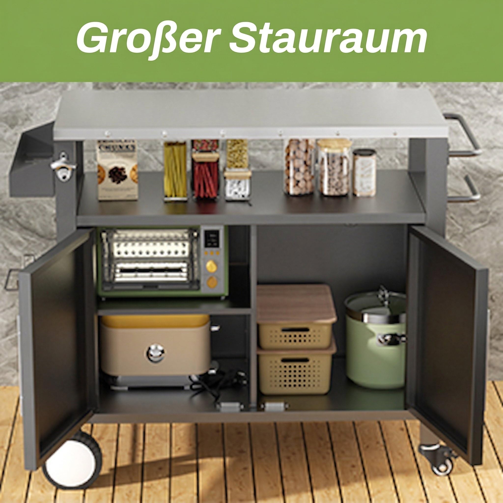 Metallschrank Outdoor mit Stauraum, Gartenschrank Wetterfest mit Haken und Gewürzregal, Outdoor Küche mit 360°-Rollen, für Terrasse/Balkon/Garten, Werkzeugschrank, Wetterfest