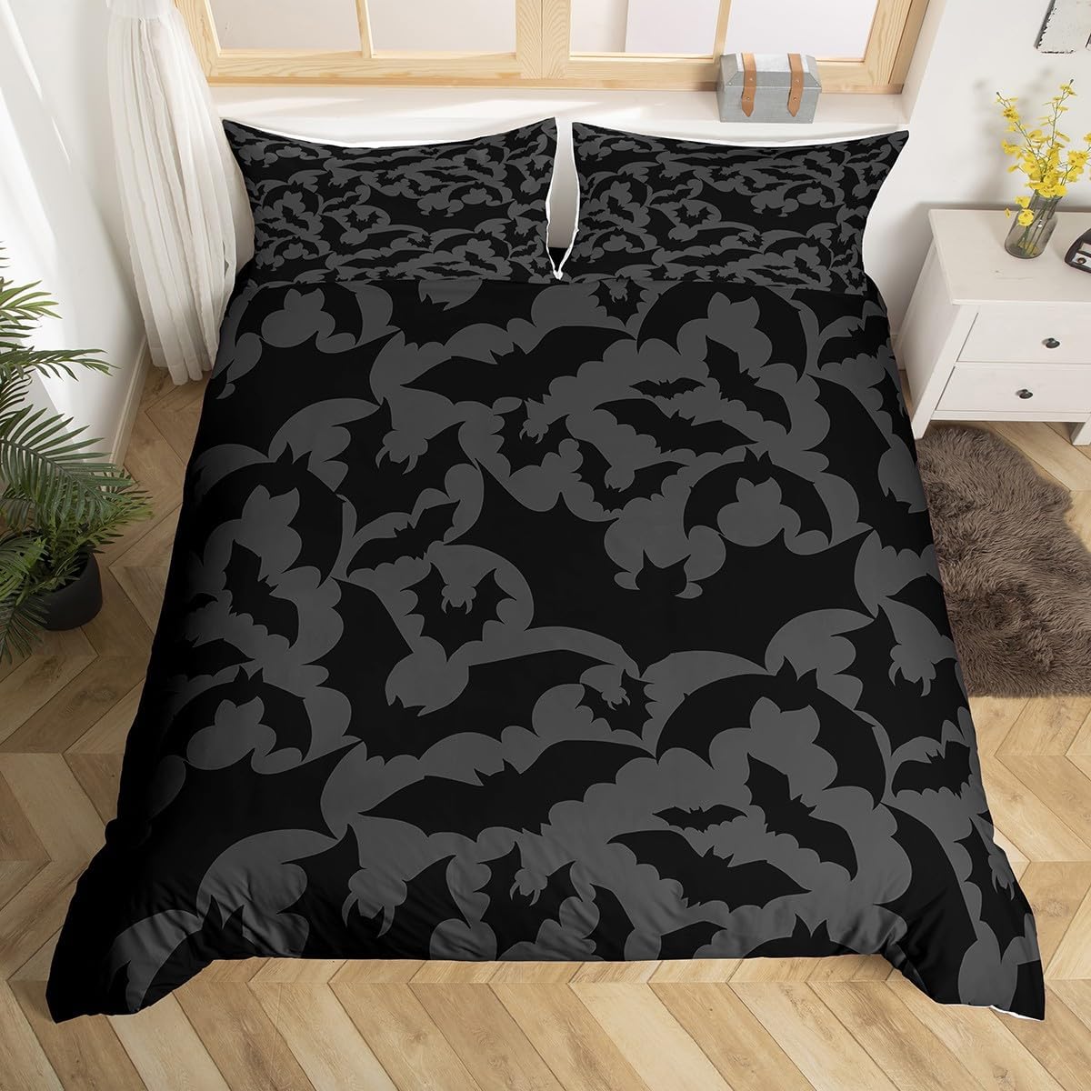 Castle Fairy Halloween Themed Duvet Cover Twin Size,Black Bats Animal Print Comforter Cover Set for Kids Boys Girls,Dark Grey Color Bedding Quilt Cover Set Bedroom Decor, 2 Pieces