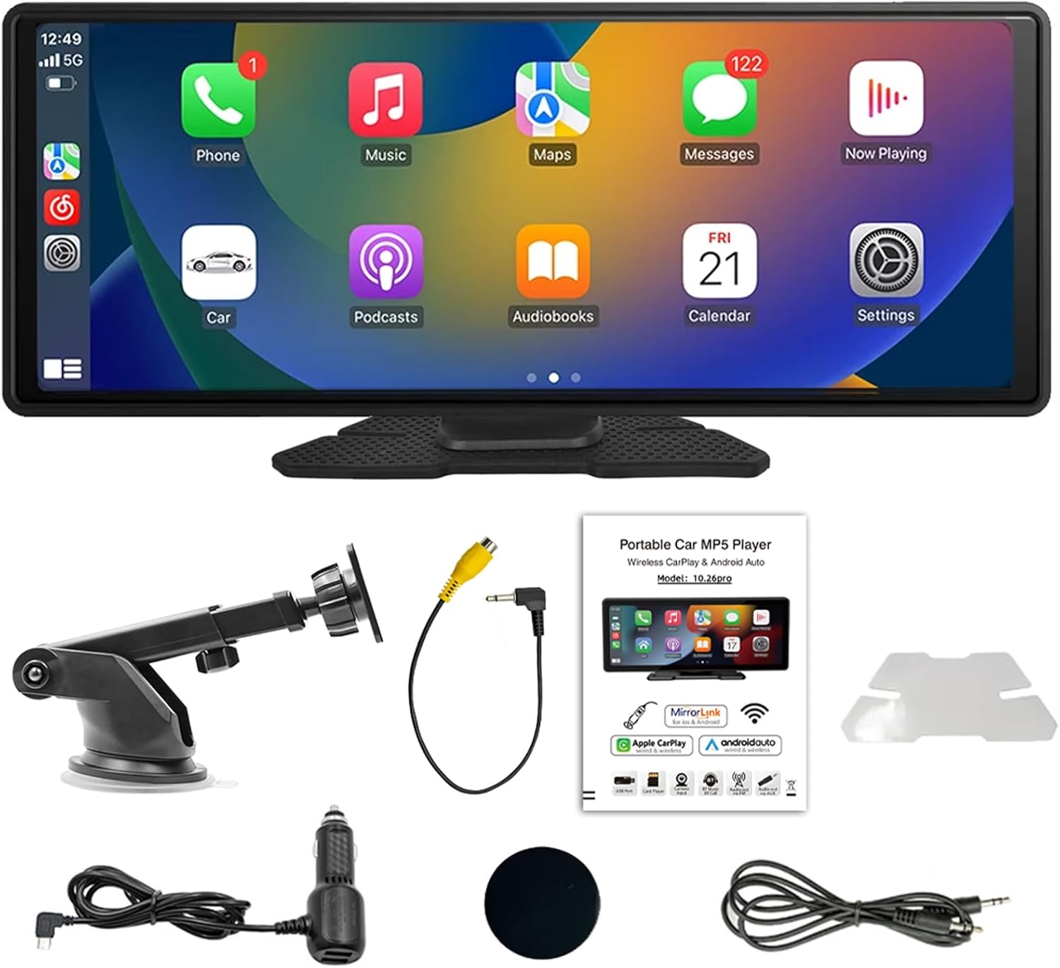 Wireless Carplay Autoradio 1 Din mit Wireless Android Auto FM/AM/RDS Radio Bluetooth Freisprecheinrichtung 5.1 Zoll Autoradio mit Mirror Link Bluetooth USB/AUX/TF/EQ Lenkradsteuerung Rückfahrkamera