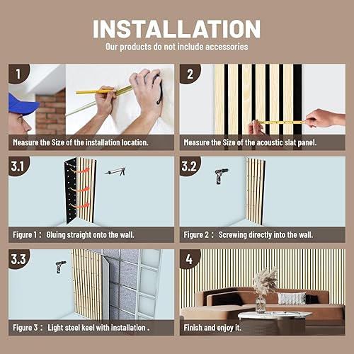 Miniatura 8 de DEFNES Paquete de 4 listones de madera para pared, paneles de chapa de madera acústica de 47.2 x 12.2 pulgadas, paneles de pared 3D para diseño de