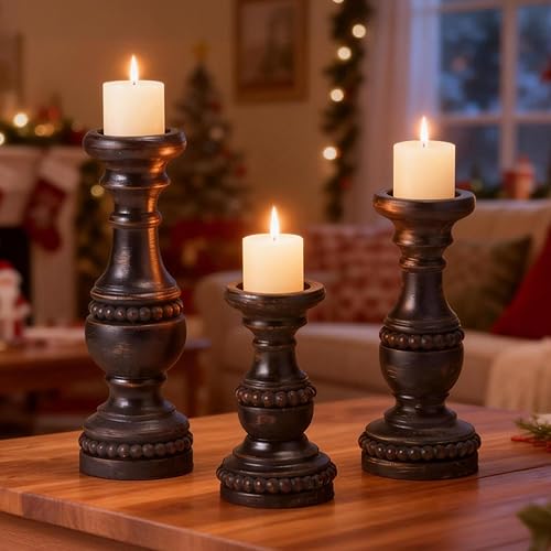 Miniatura 4 de Portavelas de madera maciza, portavelas de granja para velas de pilar, juego de 3, portavelas de madera rústica, candelabros de madera pequeños