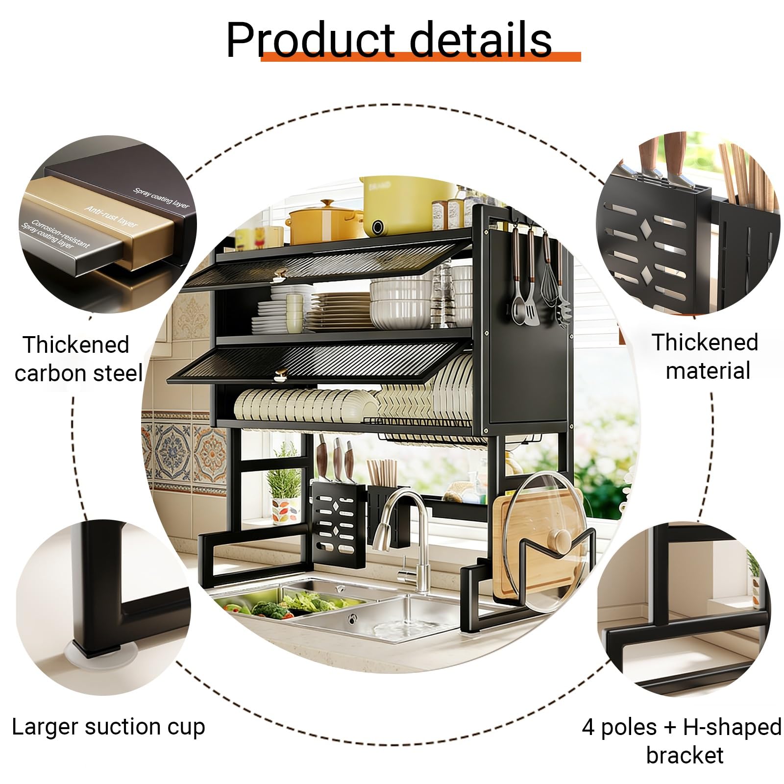 Großer Abtropfständer für die Spüle mit Deckel, 2-stöckiger Küchenorganizer, staubdichter Abtropfständer mit Besteckhalter (Schwarz, 75 cm/29,5 Zoll)