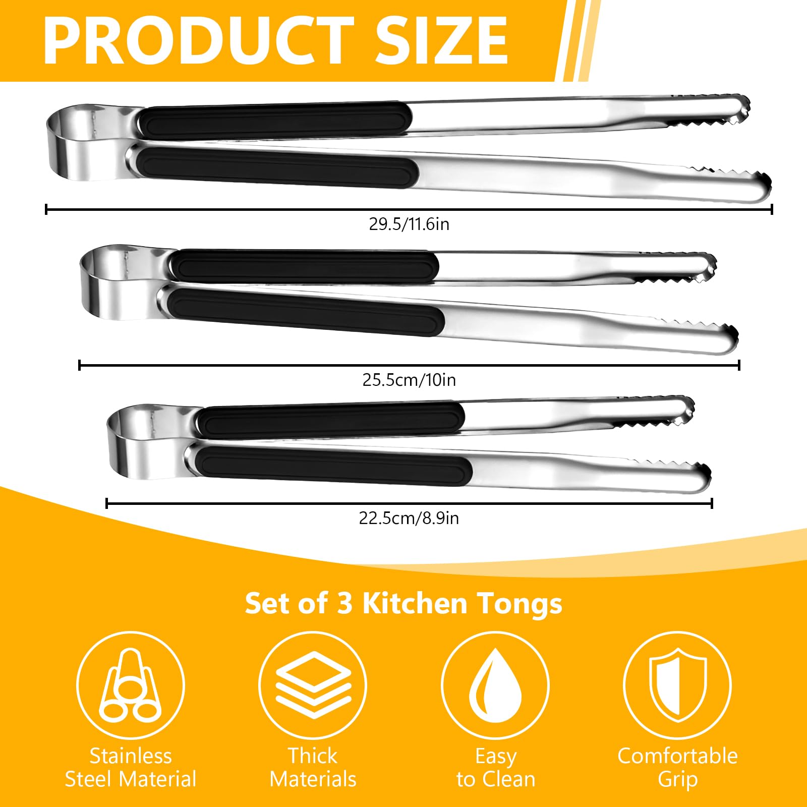 Juego de 3 pinzas de cocina de acero inoxidable para cocinar, 3 pinzas de metal (9, 10 y 12 pulgadas), pinzas para servir con agarre cómodo antideslizante para barbacoa, ensalada y parrilla 2