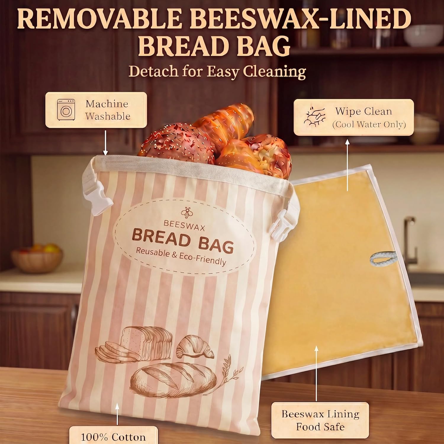 2 Pack Beeswax Bread Bags for Sourdough with Detachable Liner and Shoulder Strap Reusable Organic Linen Cotton Bread Storage Bag for Homemade Loaf Sourdough Crust Bakery Picnic12.6" x 16.54 "