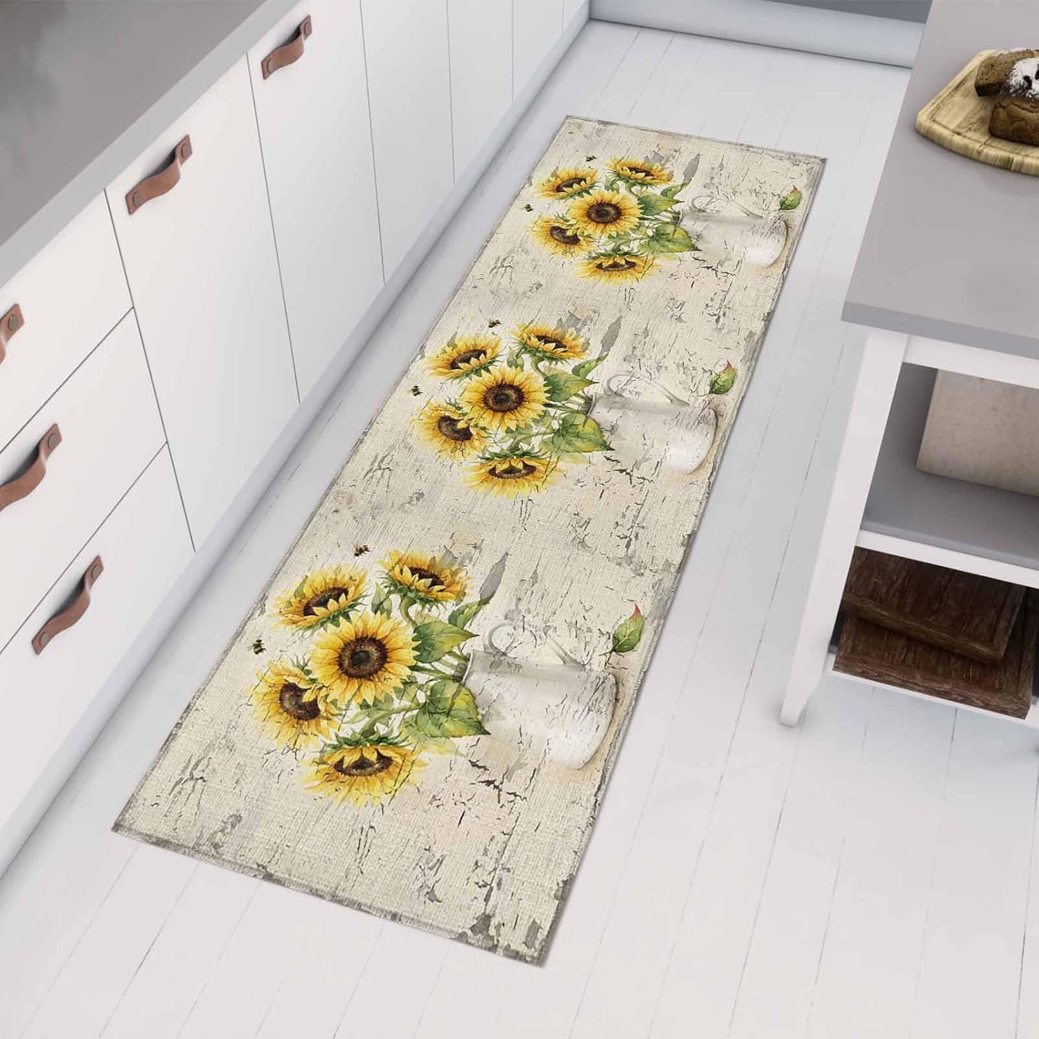 Teamery Kitchen Mats for Floor Farmhouse Sunflowers Wildflowers Washable Non Slip Kitchen Rugs 1PCS, Vintage Abstract Art Absorbent Standing Mats for Sink Bathroom Office Living Room 15.7x47.2in