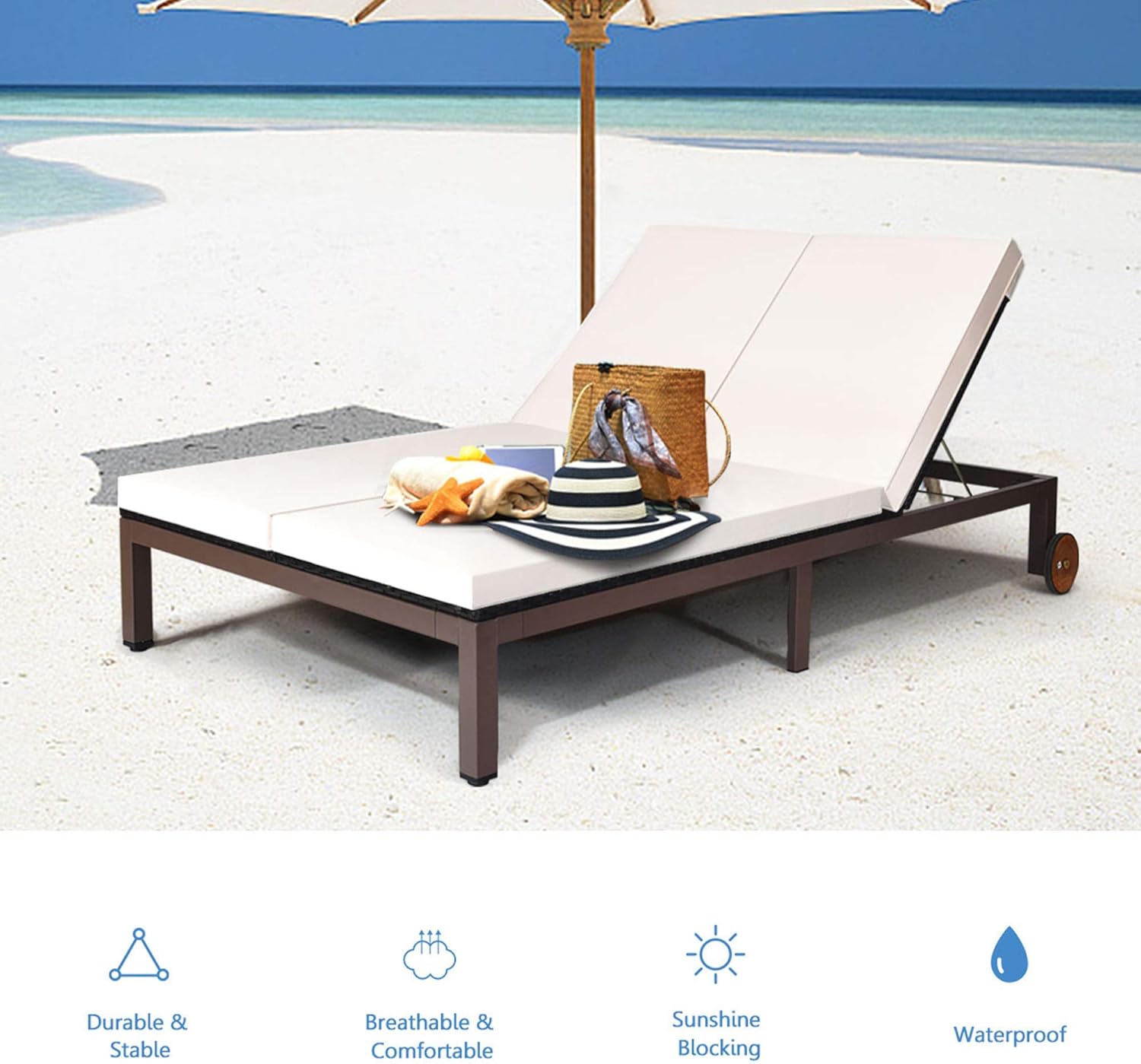 DORTALA 2-Person Patio Rattan Recliner Chair W/Wheels & Cushion, Double Wicker Daybed Chaise Lounge Chair with Adjustable Backrest, Outdoor Furniture Conversation Set for Garden Lawn, White