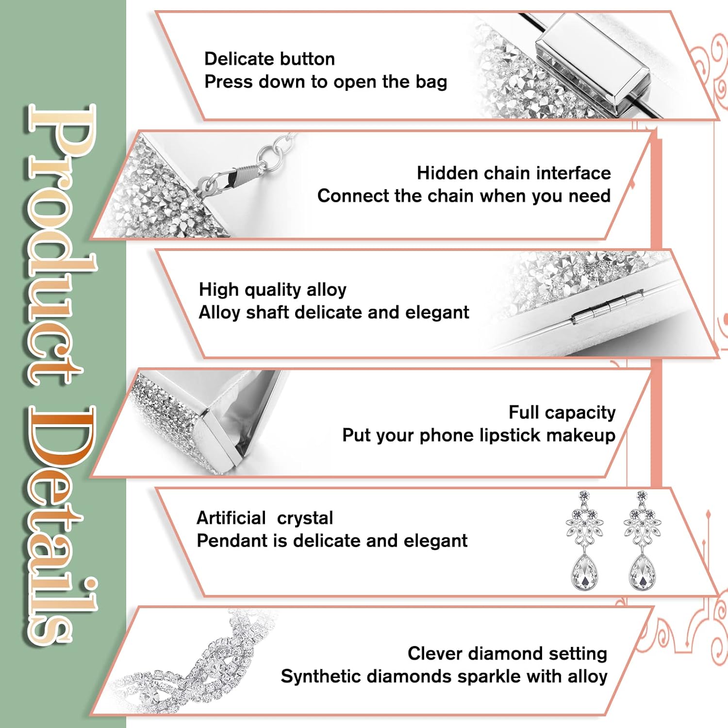 4 Pieces Silver Clutch Purse Rhinestone Jewelry Set for Women Glitter Evening Clutch Bag and Crystal Dangle Earrings Bridal Wedding Necklace Bracelet Prom Jewelry Set for Wedding Bridal Evening Party