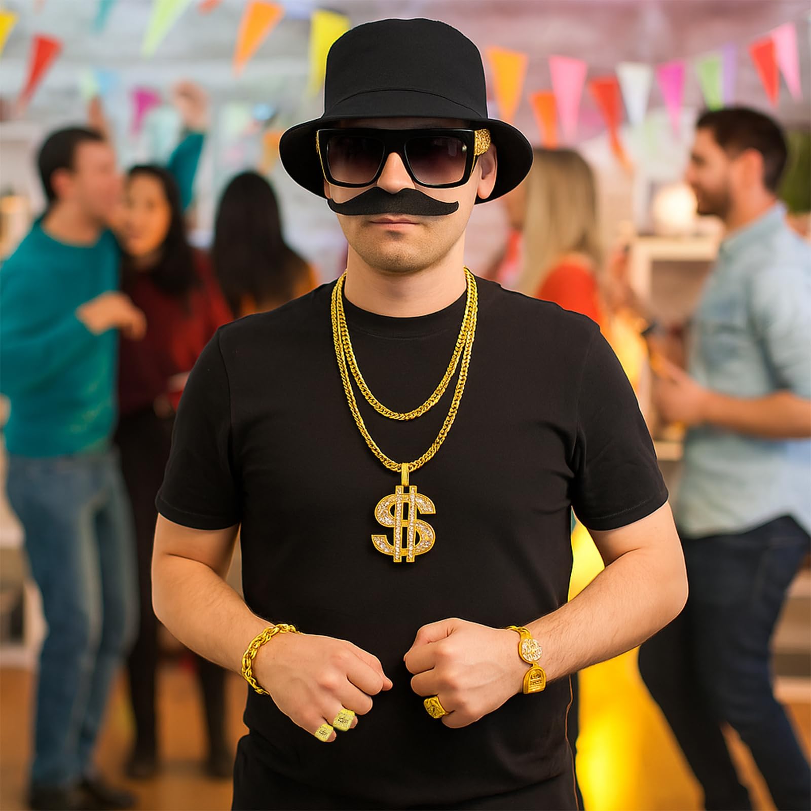 Fake Gold Chain,80s Fancy Dress Men,15Pcs World Book Day Costumes Set Includes Hat Ring Glasses Bracelet Fake Gold Chain Beard,Carnival Costume for Hippie Disco Themed Party for Ages 15 and Above - Image 3