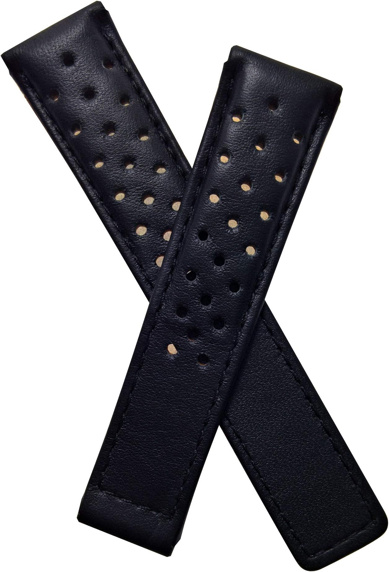 TH-CAR20-01-0111-20 mm Black Sports Perforated Leather Deployment Watch Strap with Black Stitching Compatible with TAG Heuer Carrera Models Listed Below