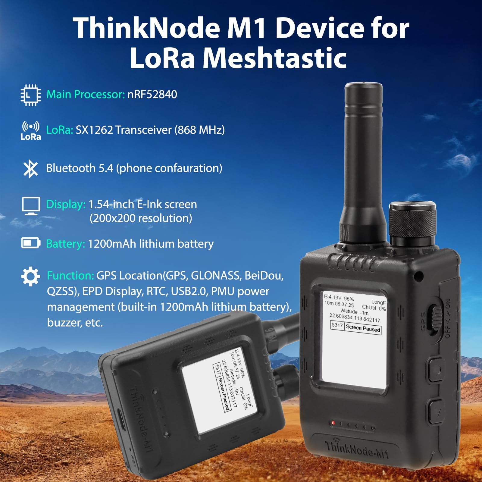ELECROW Meshtastic LoRa Funkmodul mit GPS & nRF52840 – ThinkNode M1, tragbares Langstrecken-Funkgerät mit 1,54 Zoll EPD Display & Gehäuse, SX1262 868MHz, 1200mAh Akku für Outdoor & DIY-Projekte