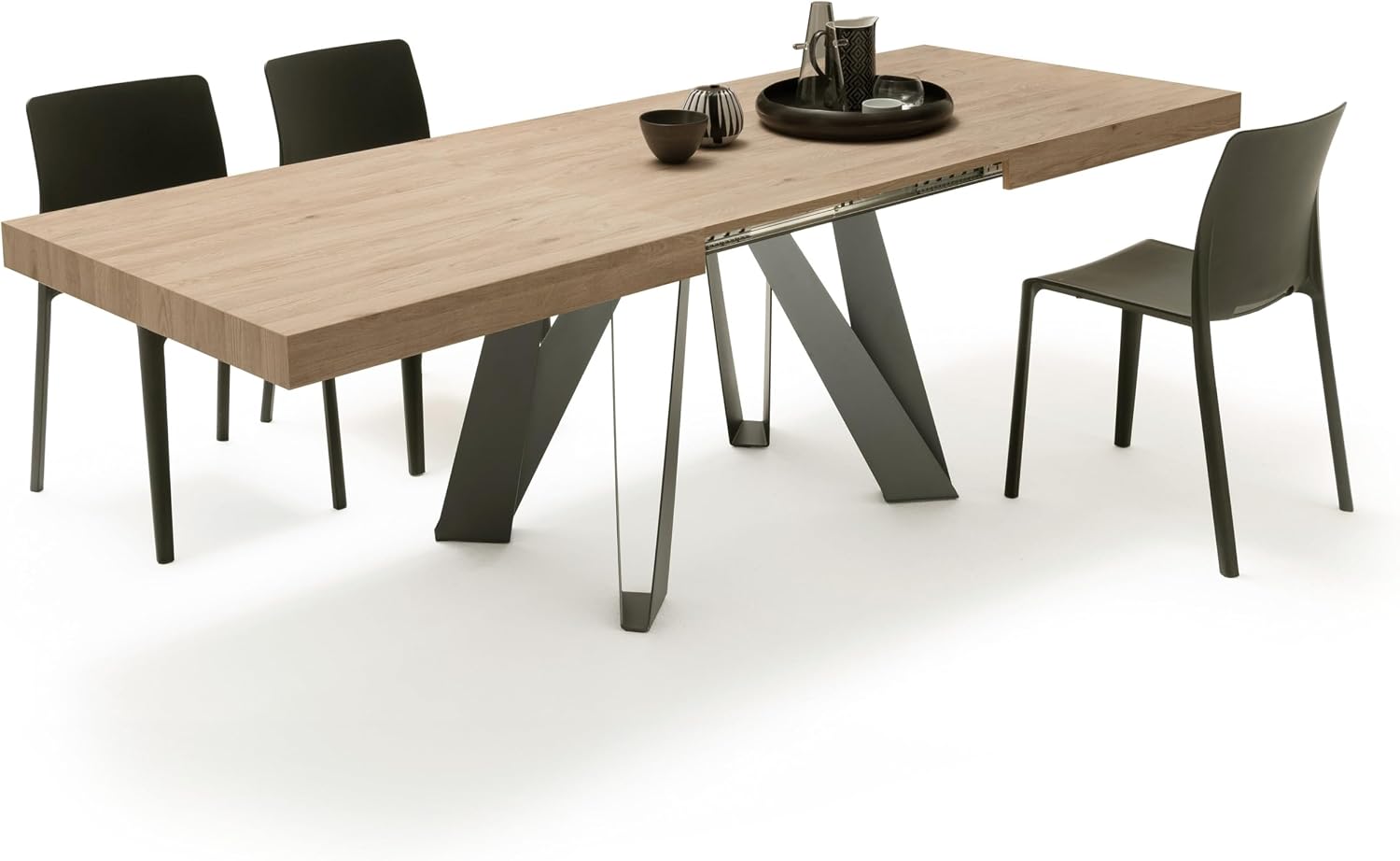 Mobili Fiver, Romina Extendable Table 63(94.5) x35.4 in, Light Oak with Black Iron Legs, for 6-10 People, Expandable Dining Table for Kitchen, Living Room, Italian Furniture