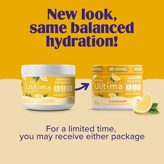 Ultima Replenisher Electrolyte Powder Drink Mix Bundle Sugar Free Lemonade, 30 Serving Canister and 20 Stickpacks 6 Electrolytes and Minerals Keto Friendly, Vegan, Non-GMO