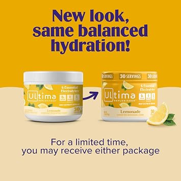 Ultima Replenisher Electrolyte Powder Drink Mix Bundle Sugar Free Lemonade, 30 Serving Canister and 20 Stickpacks 6 Electrolytes and Minerals Keto Friendly, Vegan, Non-GMO