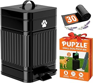 Pupzle Small Dog Poop Trash Can Outside, 1.3 Gal Metal Dog Waste Trash Can, Small Poop Bucket Outdoor with Lid, Poo Container Bin Waterproof Backyard Odor Control, 30 Bags (Black)