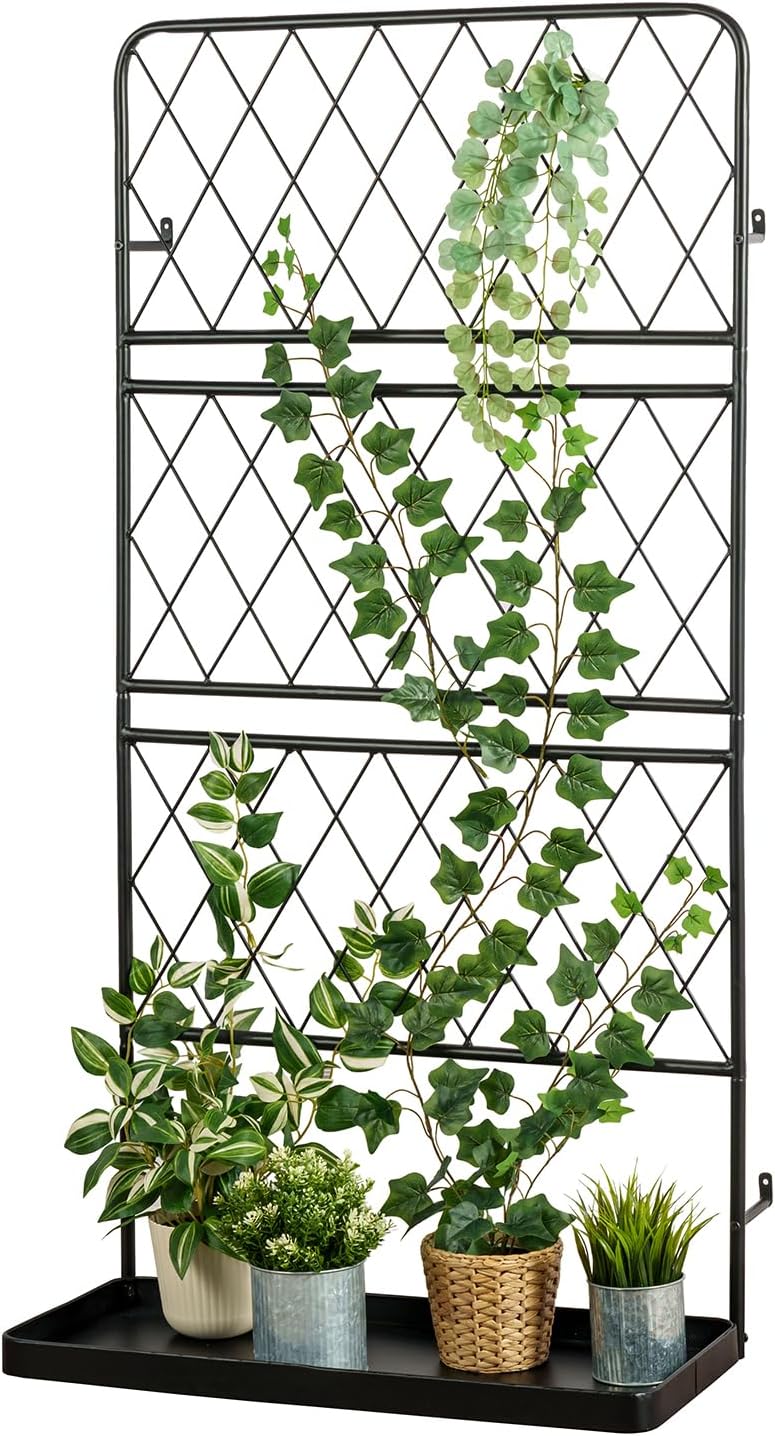 MyGift 4.5 ft Tall Garden Trellis Stand for Climbing Plants, Wall Mounted or Freestanding Black Metal Wire Diamond Lattice Plant Support Frame with Bottom Tray Planter Holder
