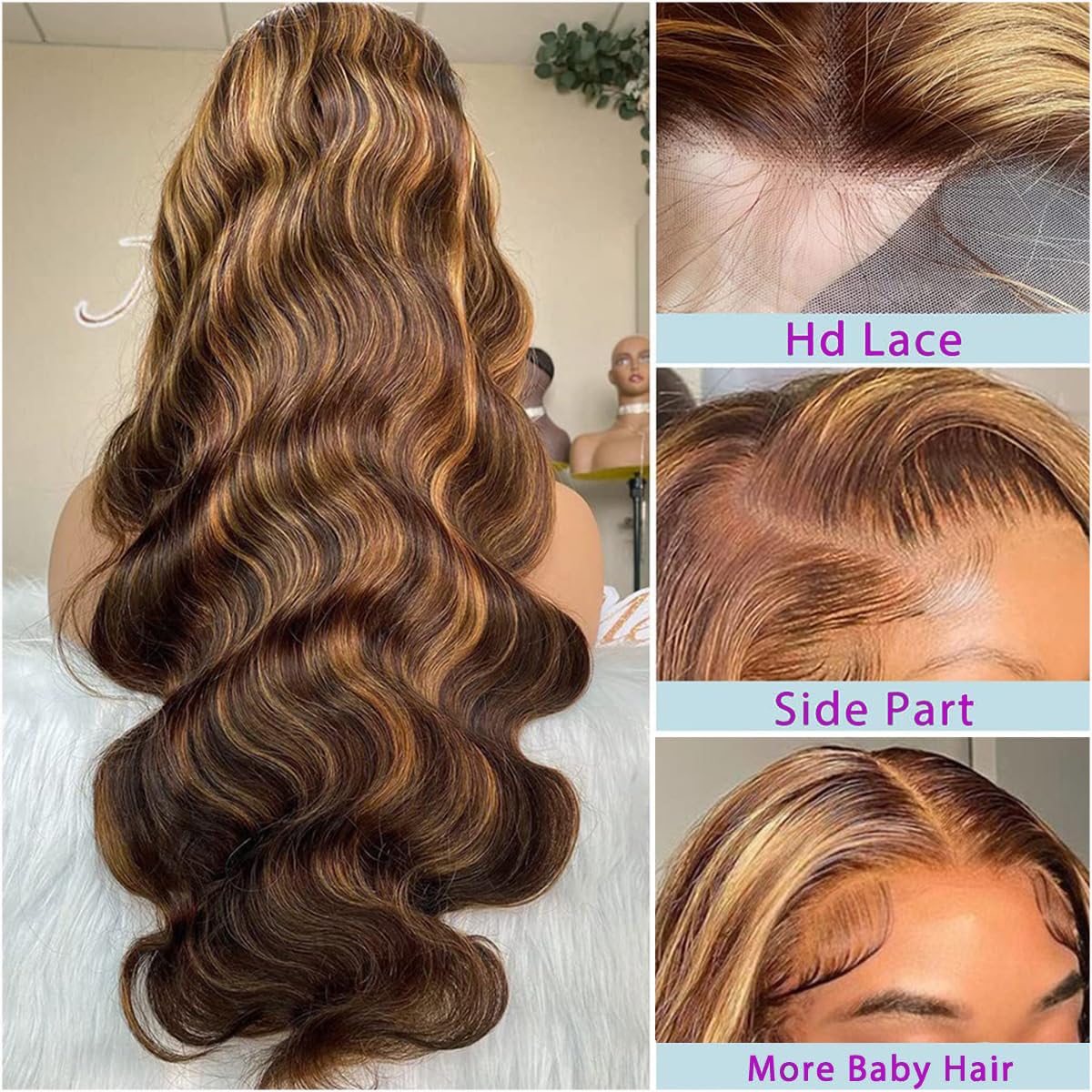 Honey Blonde Ombre Lace Front Wig Human Hair Highlight Wig Human Hair 4/27 Colored Body Wave HD Lace Frontal Wigs Human Hair Pre Plucked 200 Density Glueless 13X6 Lace Frontal Wig for Women(22 Inch)