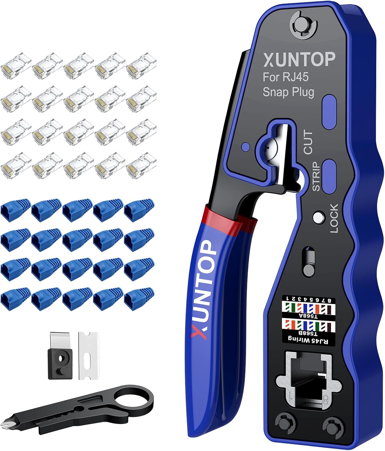 XUNTOP RJ45 Crimp Tool Kit for Cat5 Cat5e Cat6 Cat6a Ethernet Crimping Tool Kit for RJ45 Pass Through Connector with 20 PCS Cat6 Pass Through Crystal Heads 20 PCS Blue Protection Covers