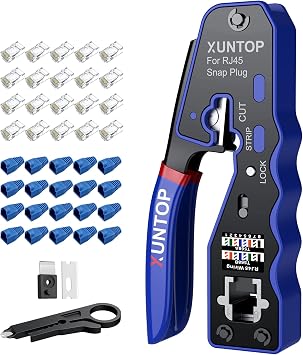 XUNTOP RJ45 Crimp Tool Kit for Cat5 Cat5e Cat6 Cat6a Ethernet Crimping Tool Kit for RJ45 Pass Through Connector with 20 PCS Cat6 Pass Through Crystal Heads 20 PCS Blue Protection Covers