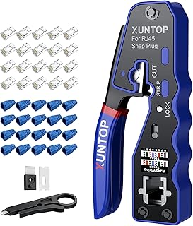 RJ45 Crimp Tool Kit for Cat5 Cat5e Cat6 Cat6a Cat7 Ethernet Crimping Tool Kit for RJ45 Pass Through Connector with 20 PCS Cat6 Pass Through Crystal Heads 20 PCS Blue Protection Covers