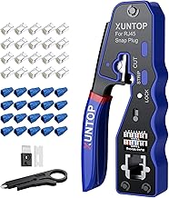 XUNTOP Network Cable Pliers Crimping Tool RJ45 Network Key Network Tool for RJ45, CAT5, CAT6/CAT6A, Non-Allmetal CAT7 with 20 x RJ45 Cat6 Perforated Gold Plated Crystal Heads
