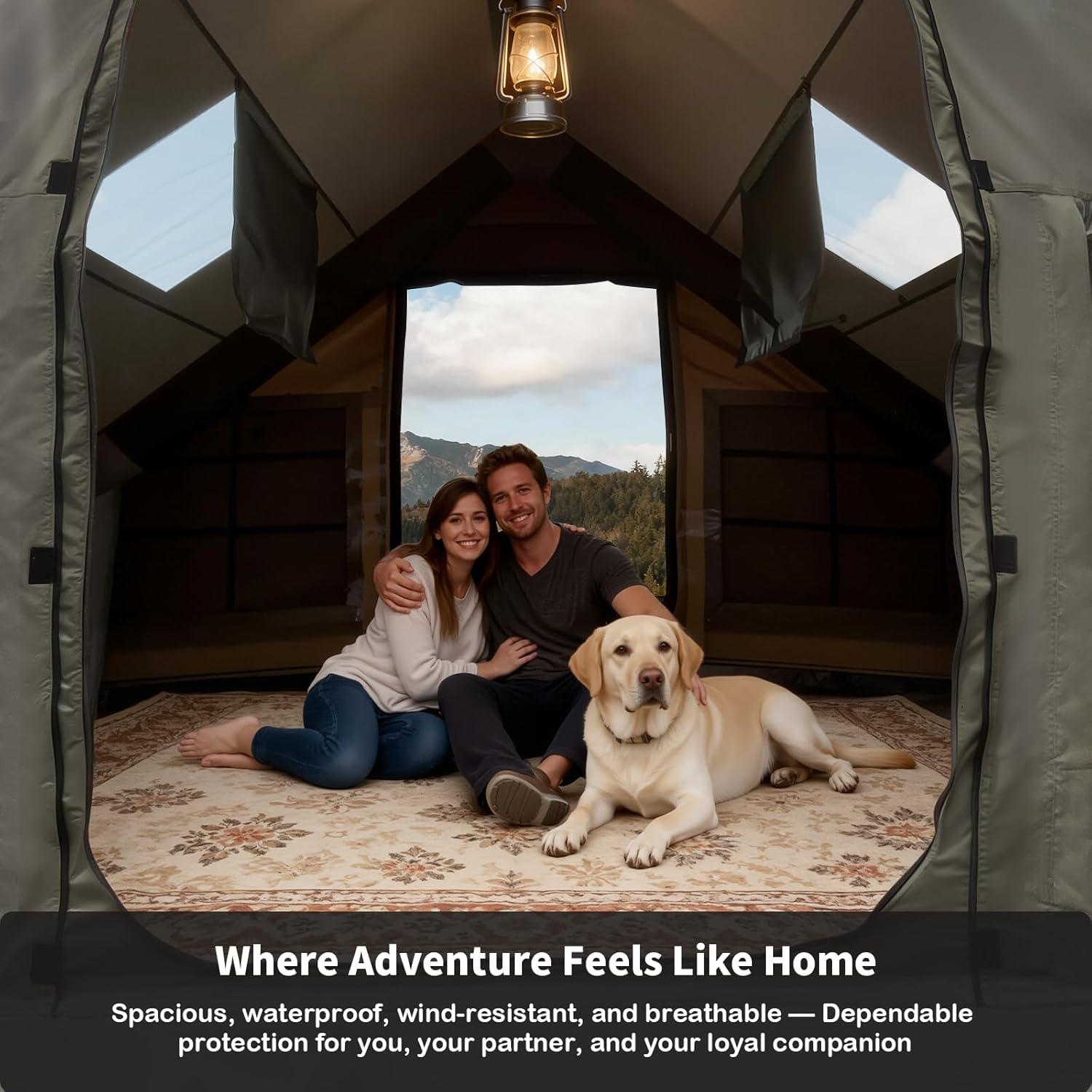 Luxury Inflatable Camping Tent,Wind & Rain Resistant,Breathable & Durable Wear-Resistant Fabric,Built-in Stove Jack,Fast Setup with Pump,All-Season Ready,Dual Doors,Mosquito-Proof Mesh Windows