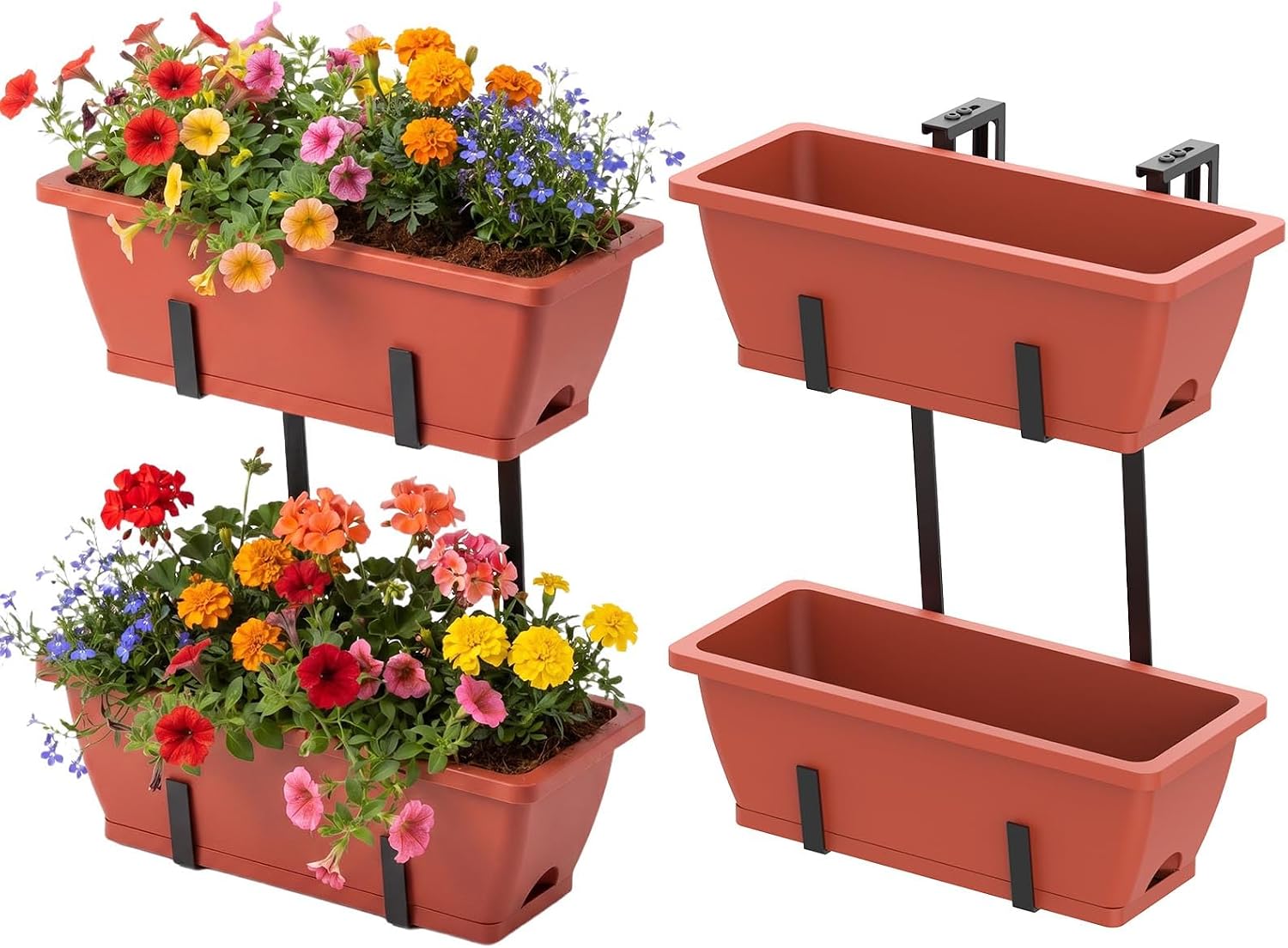 CADUKE Railing Planters Outdoor Balcony, 16.9" Hanging Flower Pots, Fence Planters for Deck Patio Garden with Drain Holes & Detachable Hooks, Red
