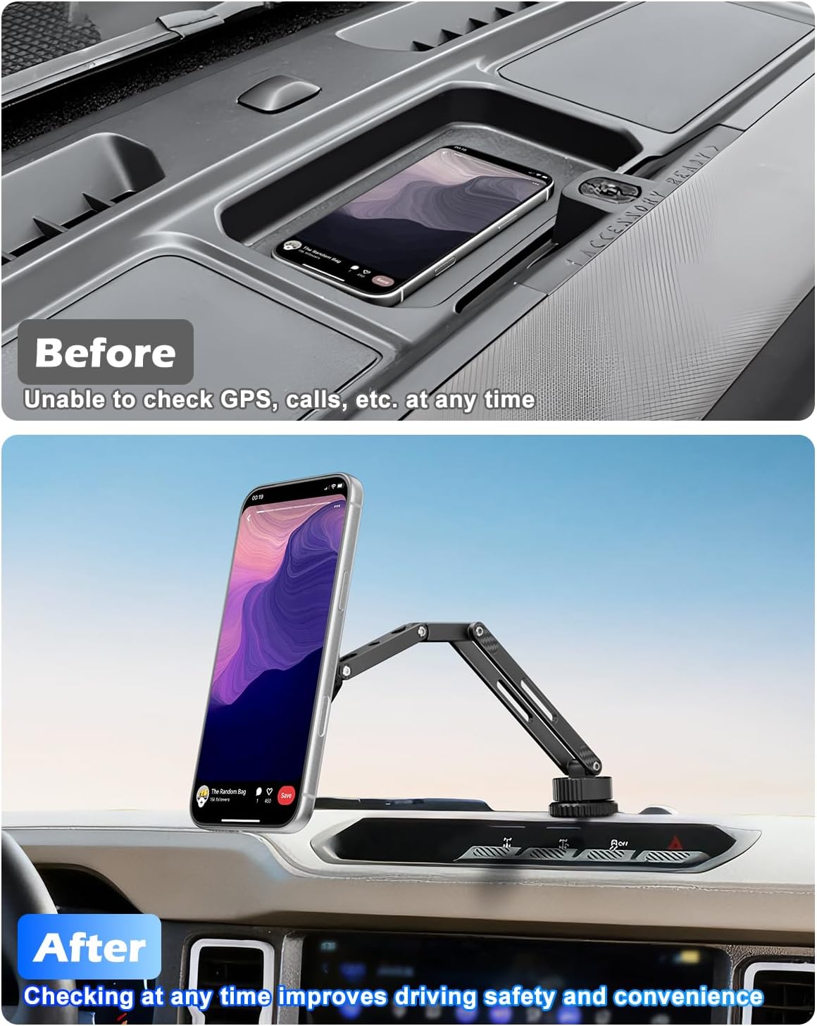 CloudValley Extended Ford Bronco Phone Mount 2021-2026 2/4 Door, Aluminum Alloy Magnetic Phone Holder, Off-Road Stable Anti-Shake No Drill Dash Mount, 360° Adjustable Bronco Accessories Fit All phones
