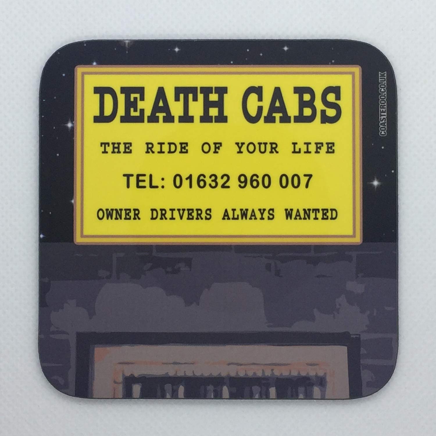 Coasteroo Yellow Death Cabs - Taxi Advert Board From The Mighty Boosh - Drinks Coaster - Hardboard - 9Cm X 9Cm - Gloss Finish