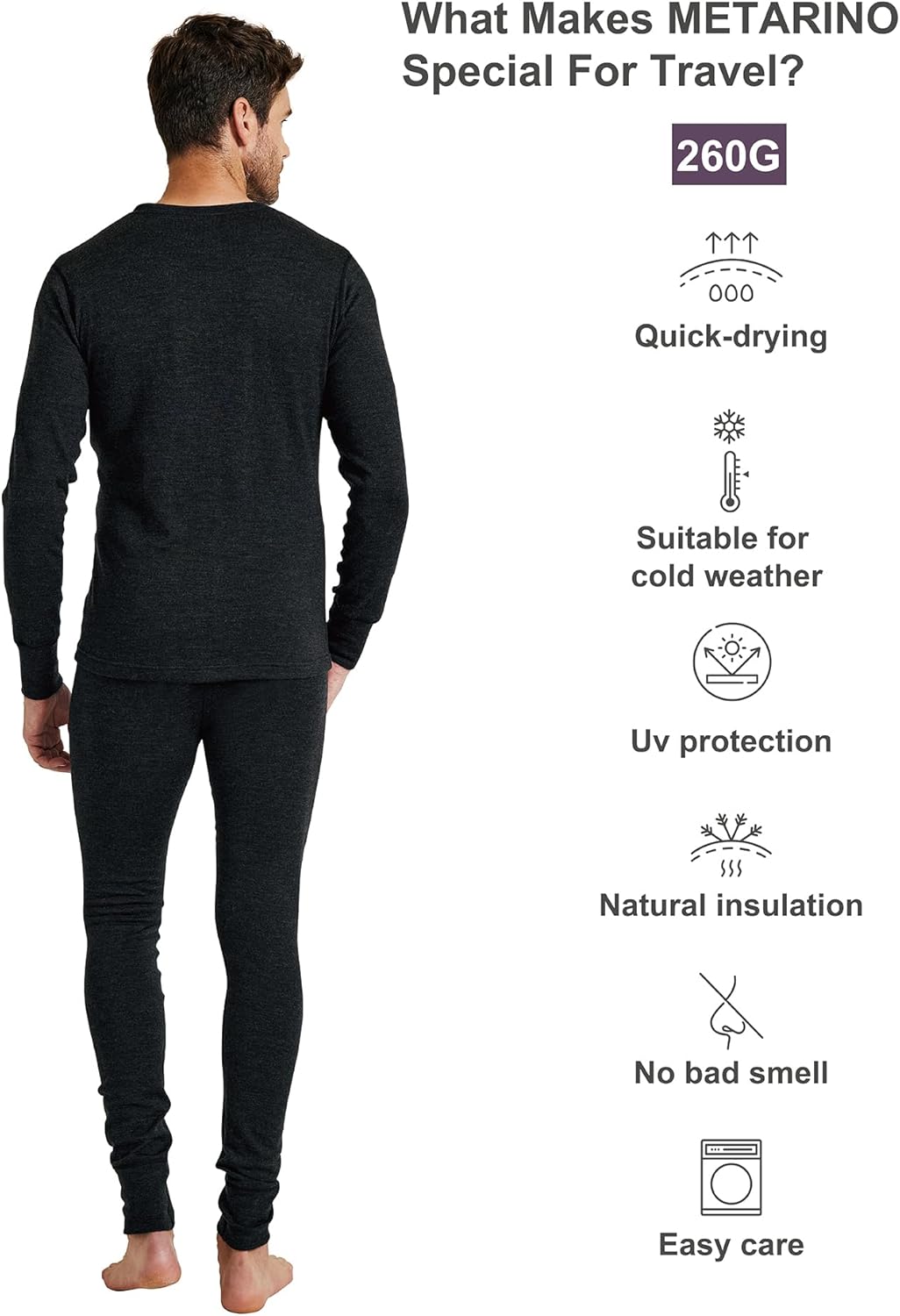METARINO Men's 100% Merino Wool Base Layer Set Thermal Underwear Casual Top,Bottom for Hiking Travel Skiing