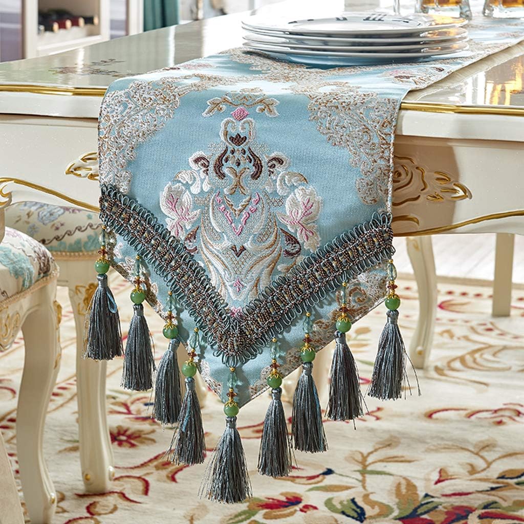 Beaded Multi-Tassel Table Runner Aqua Blue Luxury Thick Runners for Tv Cabinet Shoe Bed Light Placemats Family Dinner Holiday Party Decoration-e-32×300cm