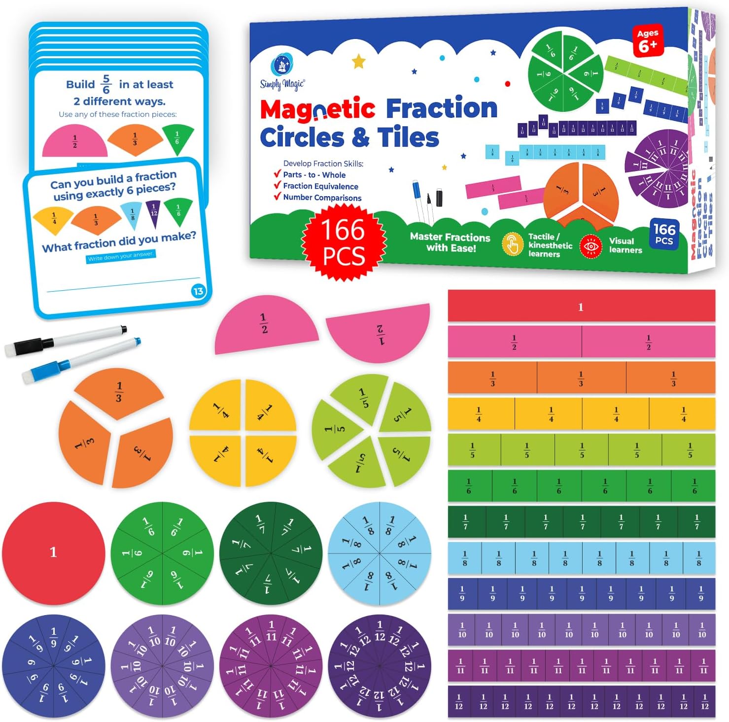 178 PCS Magnetic Fraction Circles & Fraction Tiles - Magnetic Fraction Strips & Bars Fraction Magnets Set Kit, Fraction Manipulatives Class Set, Fractions for Kids, Math Manipulatives - Simply Magic