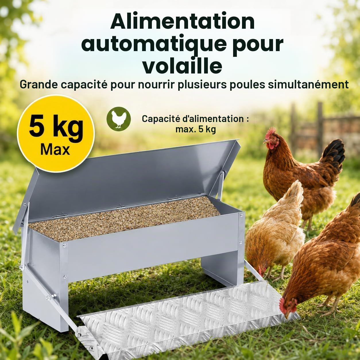 Mangeoire Automatique Pour Poules - 5 Kg En Acier Galvanisé Avec Technologie Pédale - Base Antidérapante - Anti-Rats - Idéale Pour Écurie, Plein Air
