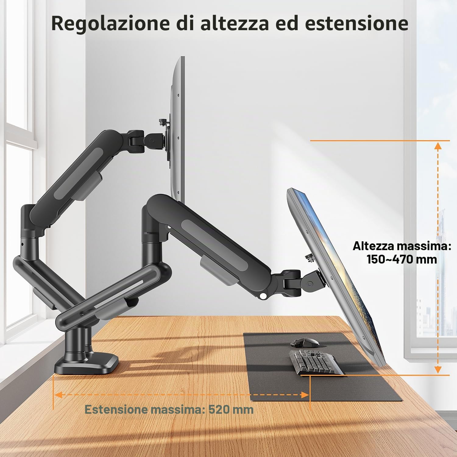 ELIVED Supporto per 2 monitor per schermi da 17-34", supporta 2-12 kg | Supporto per 2 monitor con VESA 75/100 mm, regolabile in altezza, girevole, grigio, EV3236B-G