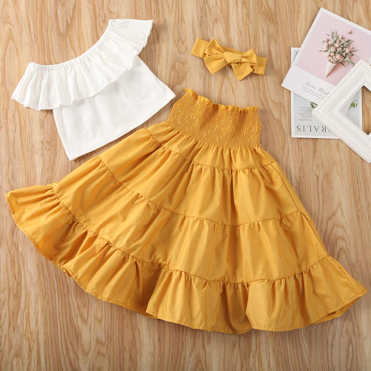 Toddler Baby Girls Summer Clothes 1-7Y Kids Girl Off Shoulder Crop Tops Ruffle Skirt Tutu Dress Outfits Set (Yellow, 2-3T)