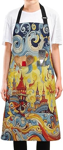Miniatura 2 de Delantal mexicano Talavera para hombres y mujeres, resistente al agua y al aceite, delantal de cocina de chef ajustable con 2 bolsillos, A