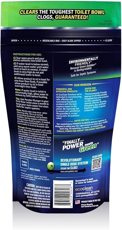 ECOCLEAN SOLUTIONS INC Ggpppowder Plungergreen Gobbler فتاحة الصرف الوحيدة الآمنة للاستخدام في المراحيض، تفتح انسدادات المراحيض القوية، وآمنة لأنظمة الصرف الصحي