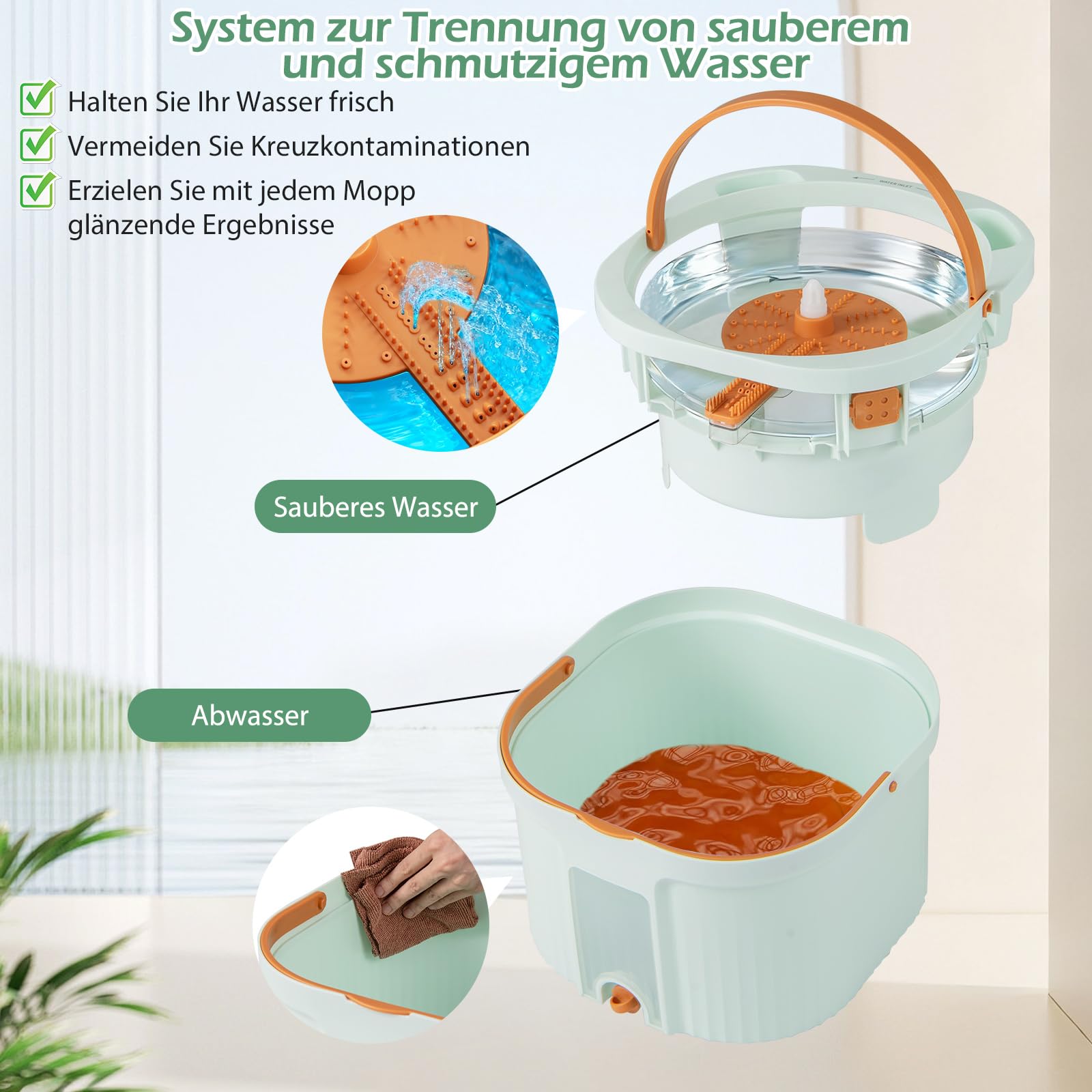 COSTWAY Wischmopp und Eimersystem mit Auswringfunktion, Abwassertrennung, 360° Drehmoppkopf & 2 Mikrofaser-Pads, Flacher Bodenwischer für Nass- und Trockenreinigung (Grün + 6 Pads)