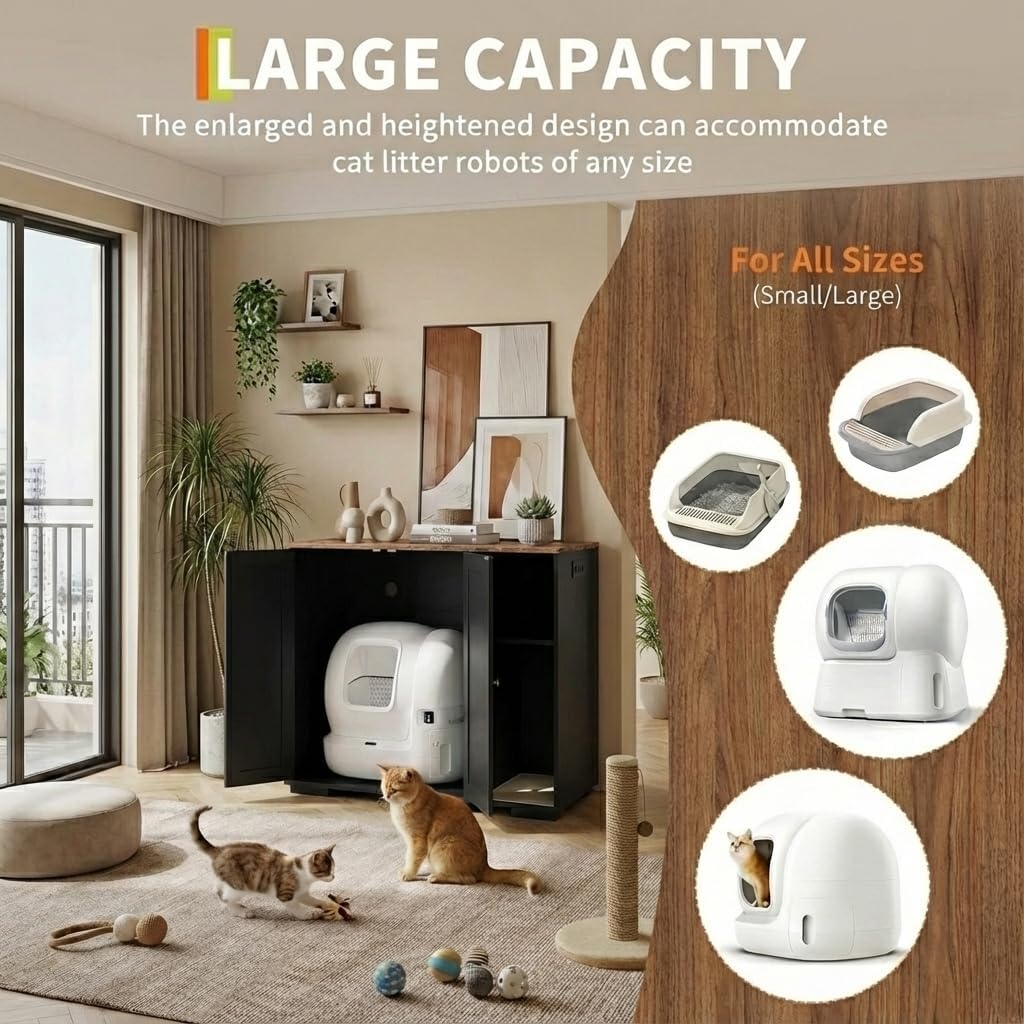 Large Litter Box Enclosure Cabinet for Litter Robots, Cat Litter Furniture with Dog-Proof Shelf and Built-in Power Outlet, 5 Ft Power Cord, Fits Most Self-Cleaning Litter Boxes, Black