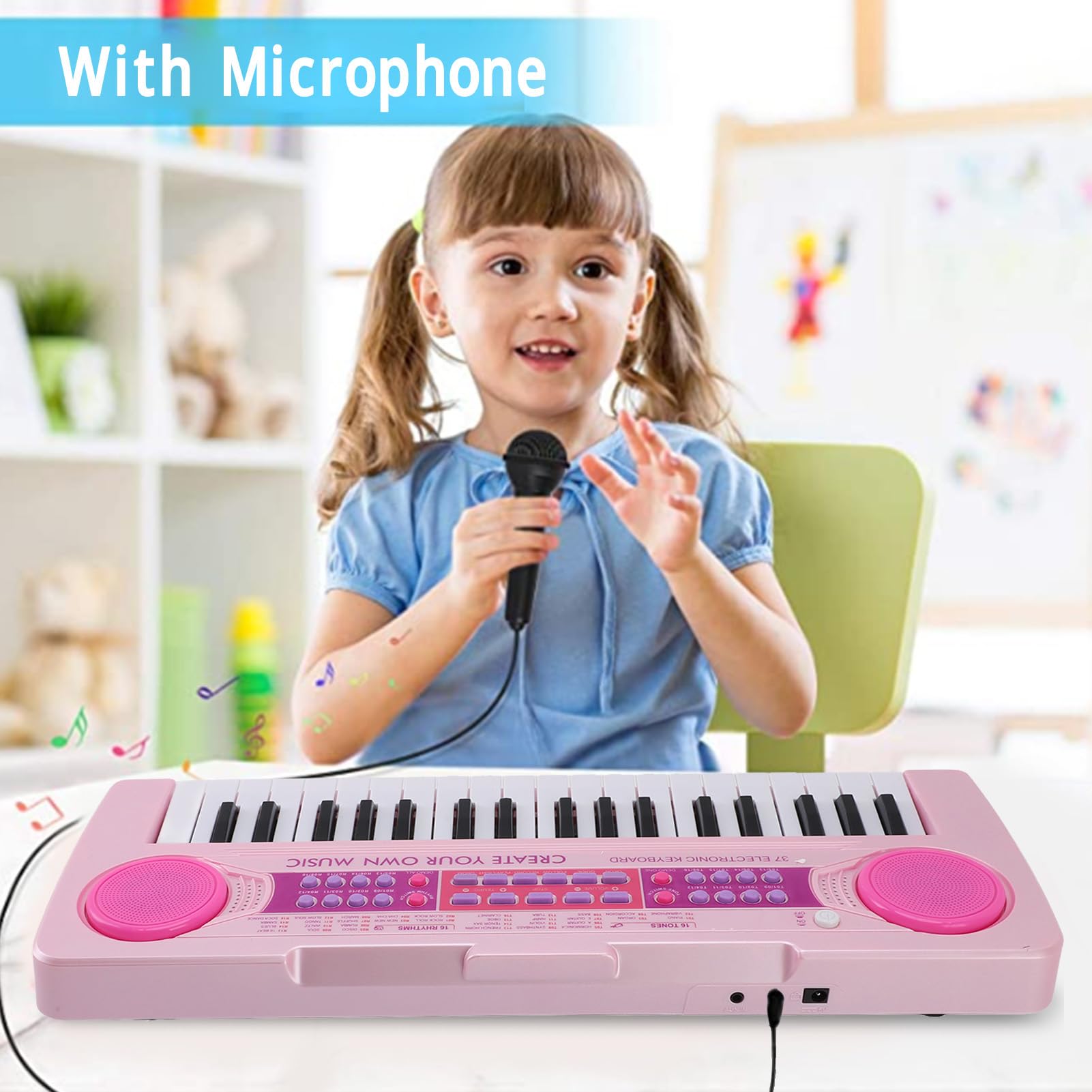 AMONIDA Piano con Teclado para Niños de 37 Teclas, Piano Electrónico, Juguete Musical Portátil con Micrófono, 16 Timbres y 8 Canciones de Demostración, Ideal para Niños, Principiantes, y Niñas