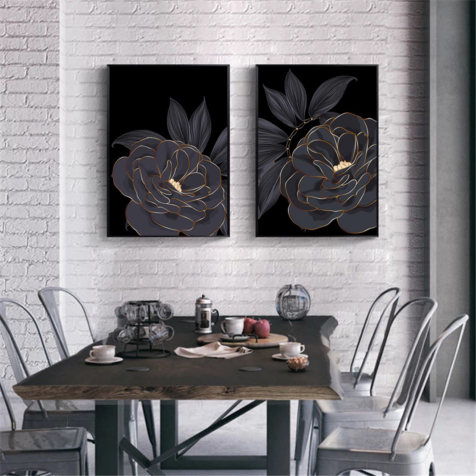 Cuadro de lienzo de flor abstracta oro negro con impresión moderna de salón 8