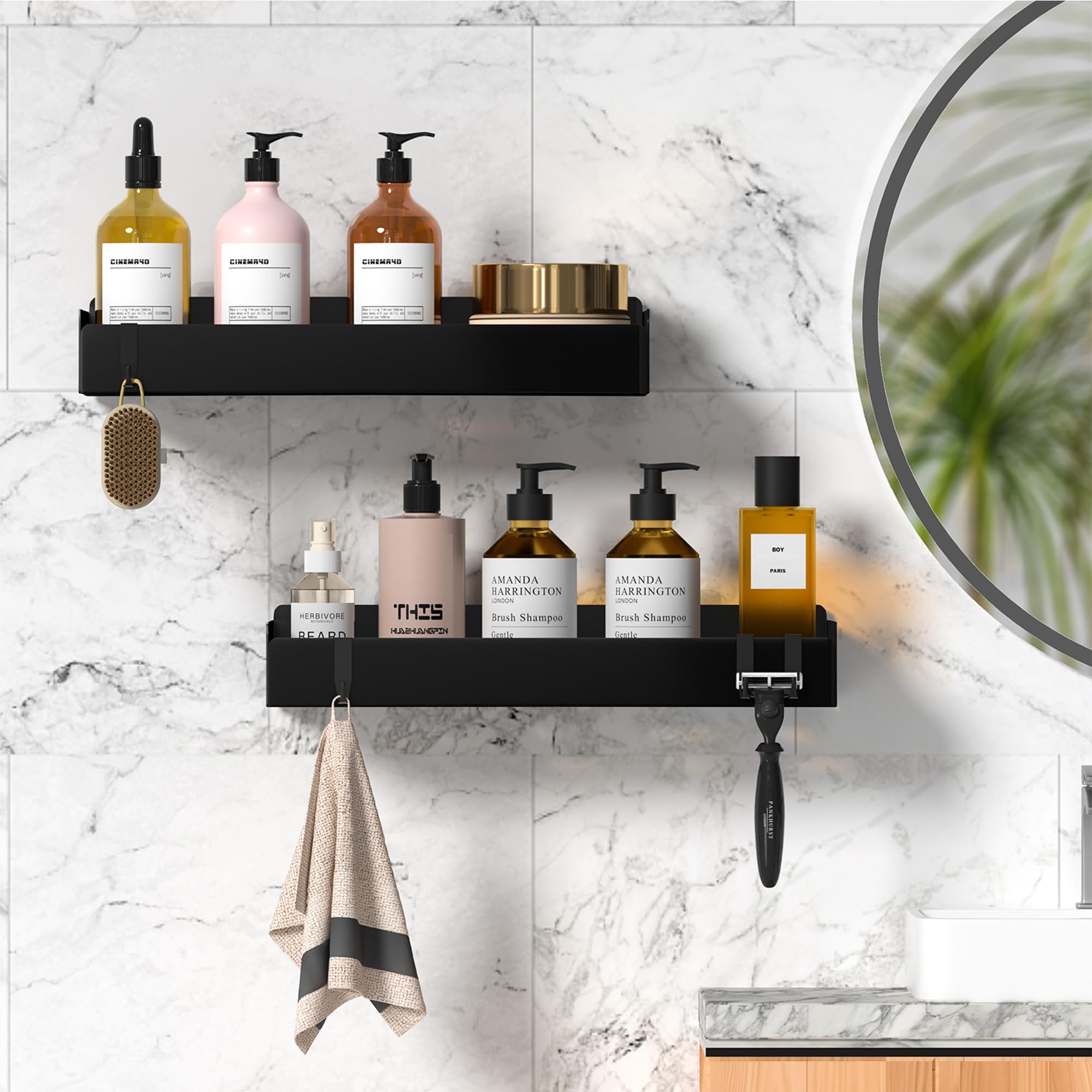 Wisfame Mensola Doccia Set da 2, Mensola da Bagno in Metallo con 8 Ganci, Porta Bagnoschiuma da Doccia Adesiva, Senza Foratura, Antiruggine (Nero.30cm)