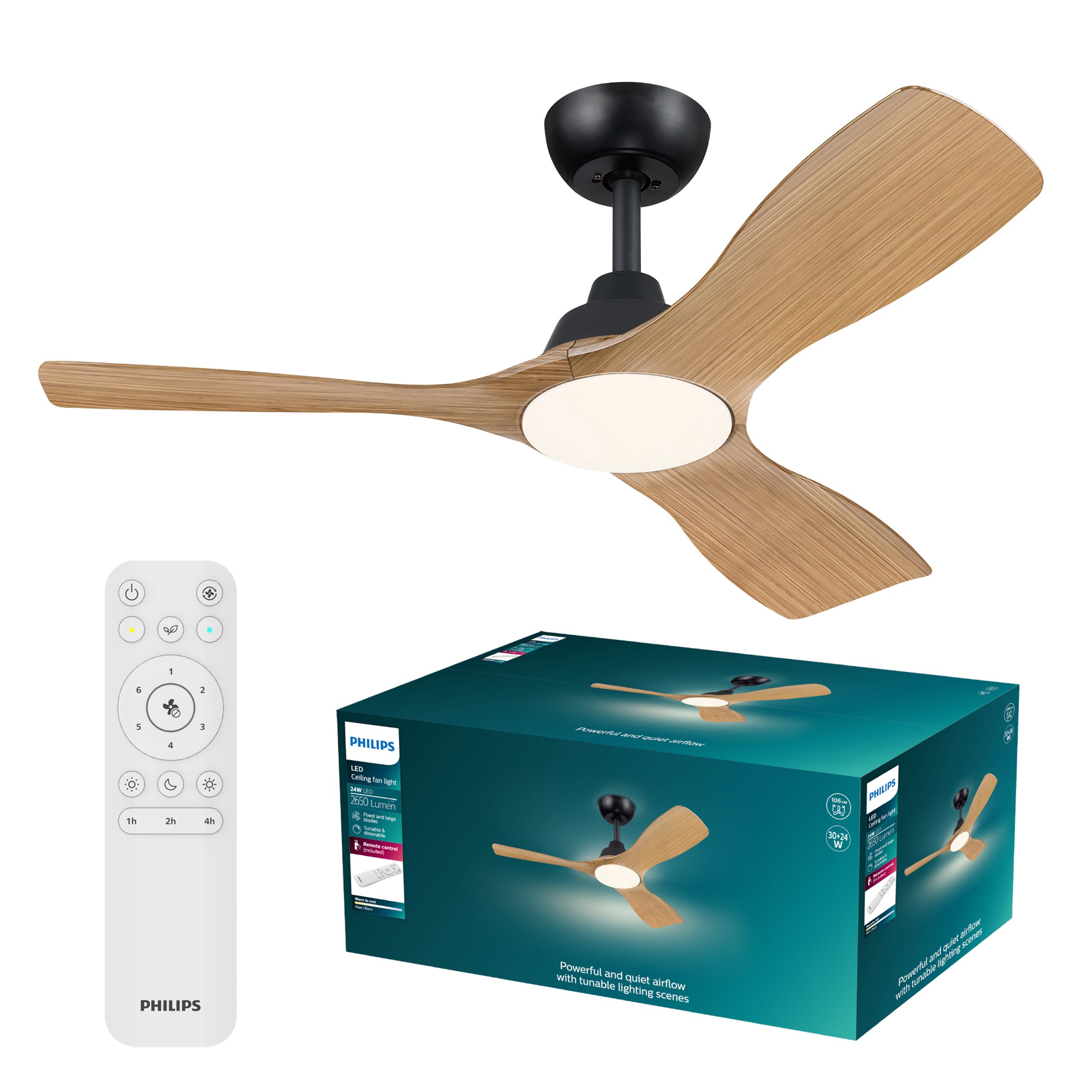 PHILIPS Olas Ceiling Fan with LED Light, 3 Blades, 107 cm Diameter, 2650 Lumens, Tunable White Light from 3000 K to 6500 K, Dimmable to 5%, Remote Control Included, Black/Wood