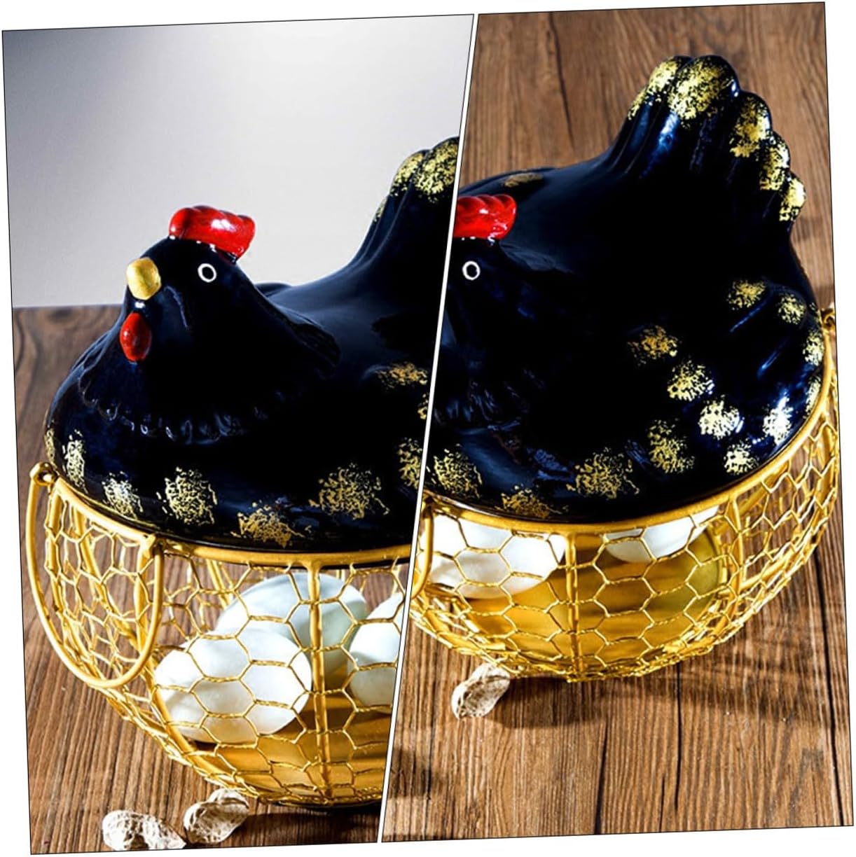 Mipcase Black Iron Wire Egg Basket with Chicken Lid, Rustic Kitchen Storage Rack for Home Egg and Fruit Organization, Sturdy Metal Wire Food Basket for Countertop Use