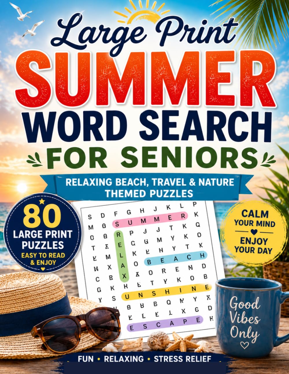 Relaxing Large Print Puzzles for Adults: Beach, Travel & Nature Themed Word Searches