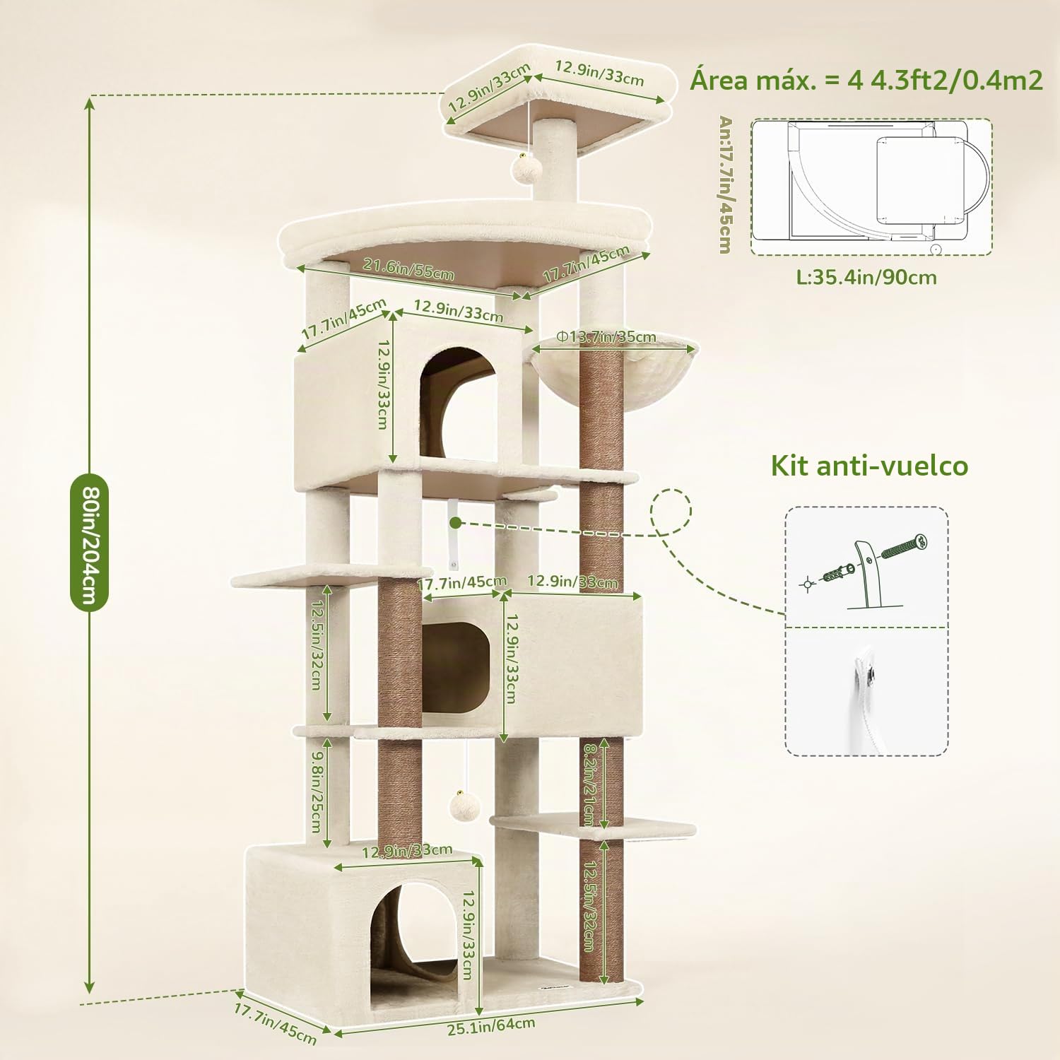 Globlazer Árbol Rascador para Gatos Beige XXL 203 cm Alto con 3 Grande Nidos 45*30*30CM, Extragrande Plataforma, Cesta, Juguetes, Estable Rascador para 4-6 Gatos Adultos Jugar Interior (S80, Beige)