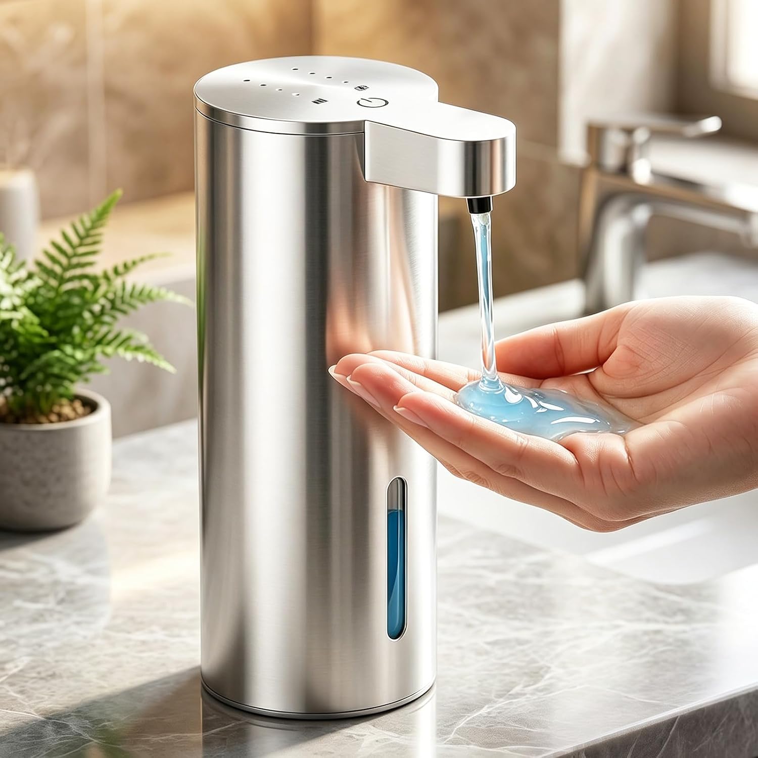 Touchless Soap Dispenser Automatic- A Touchless Dish Soap Dispenser,Clog-Free Pump,Quiet Design, IPX5 Hand Soap Dispenser with 3-Level Volume Control for Bathroom & Kitchen 13.5oz（Stainless Steel）