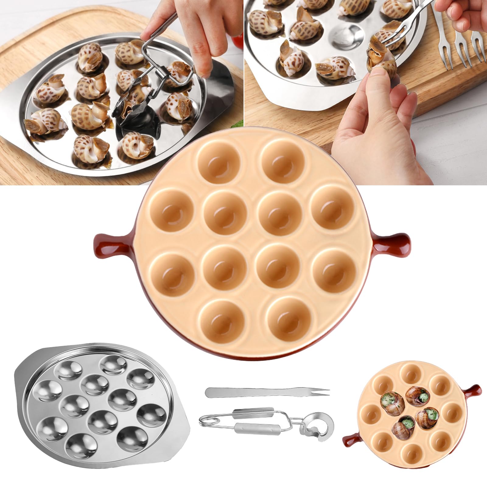 Plat à Escargots En CéRamique, Plaque De Cuisson à Escargots à 12 Trous Avec PoignéE Ensemble 3 PièCes Pour Fruits Mer Compatible Four Micro-Ondes Maison Restaurant HôTel (Marron 23x17x 3,2 Cm)