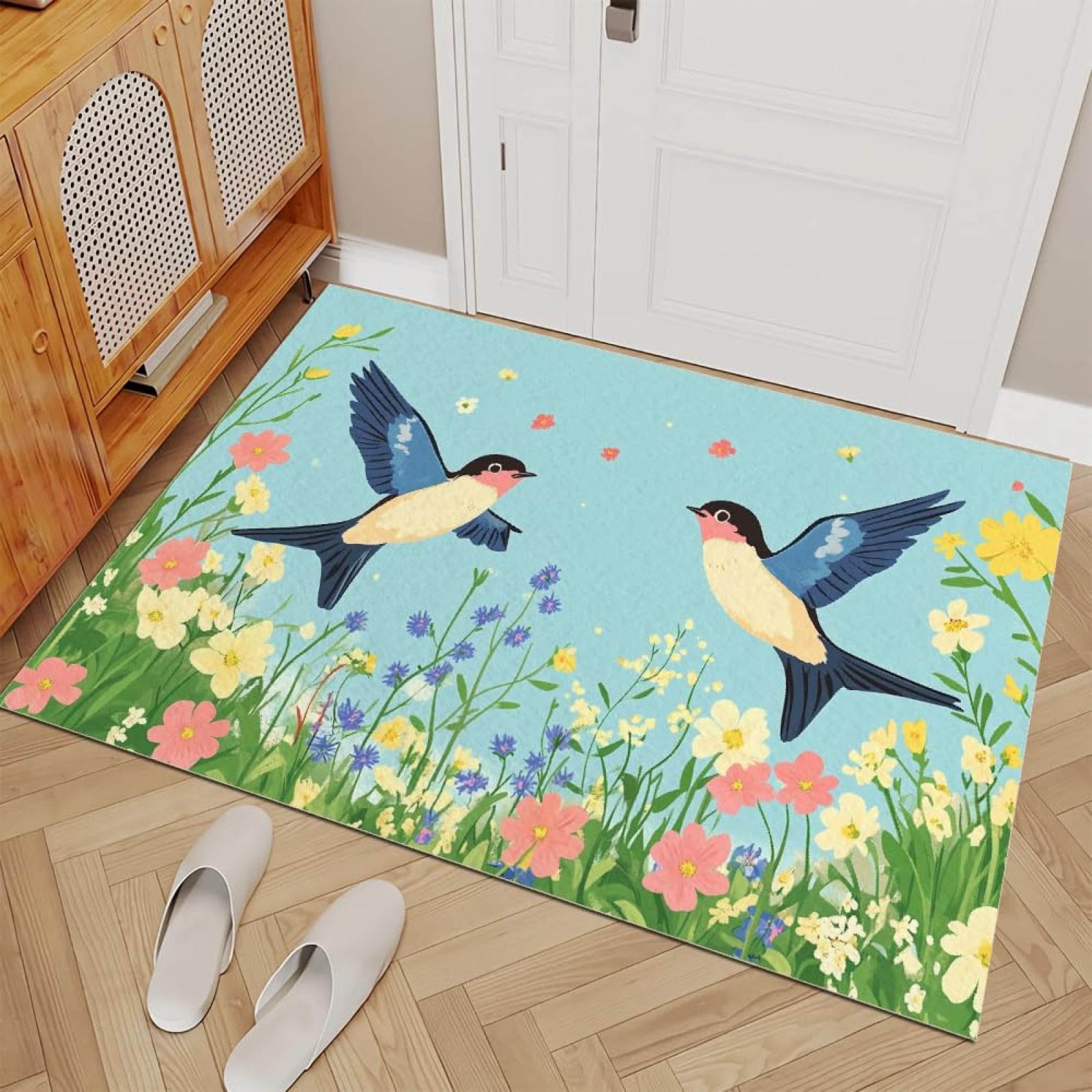 Tapis antidérapant lavable motif oiseaux pour stopper les glissades dans l'entrée
